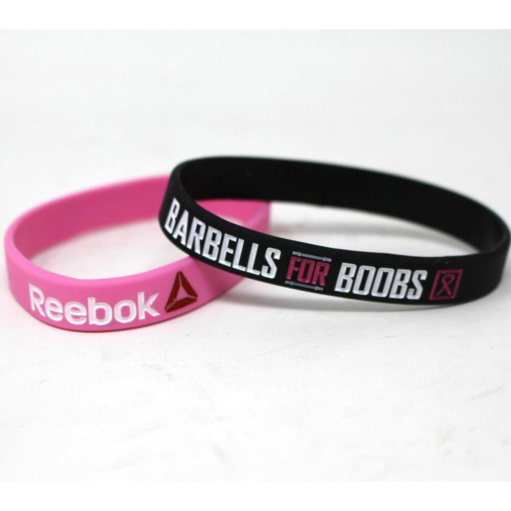 2 Reebok Barbells For Boobs Breast Cancer Awareness Pink Black Bracelet Writband